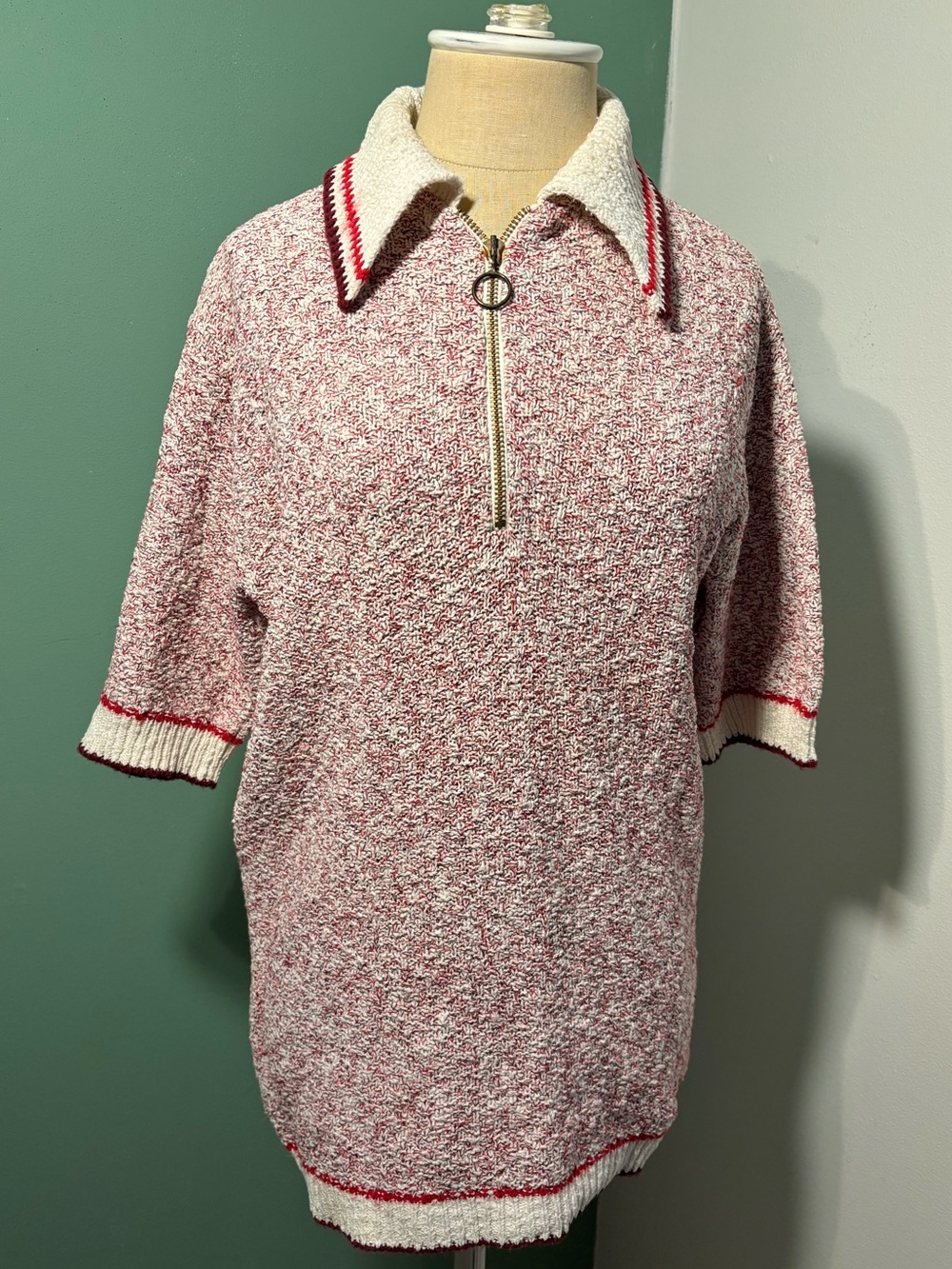 Vintage 1940’s Men’s Red and White Textured Half-Zip Collared Sweater